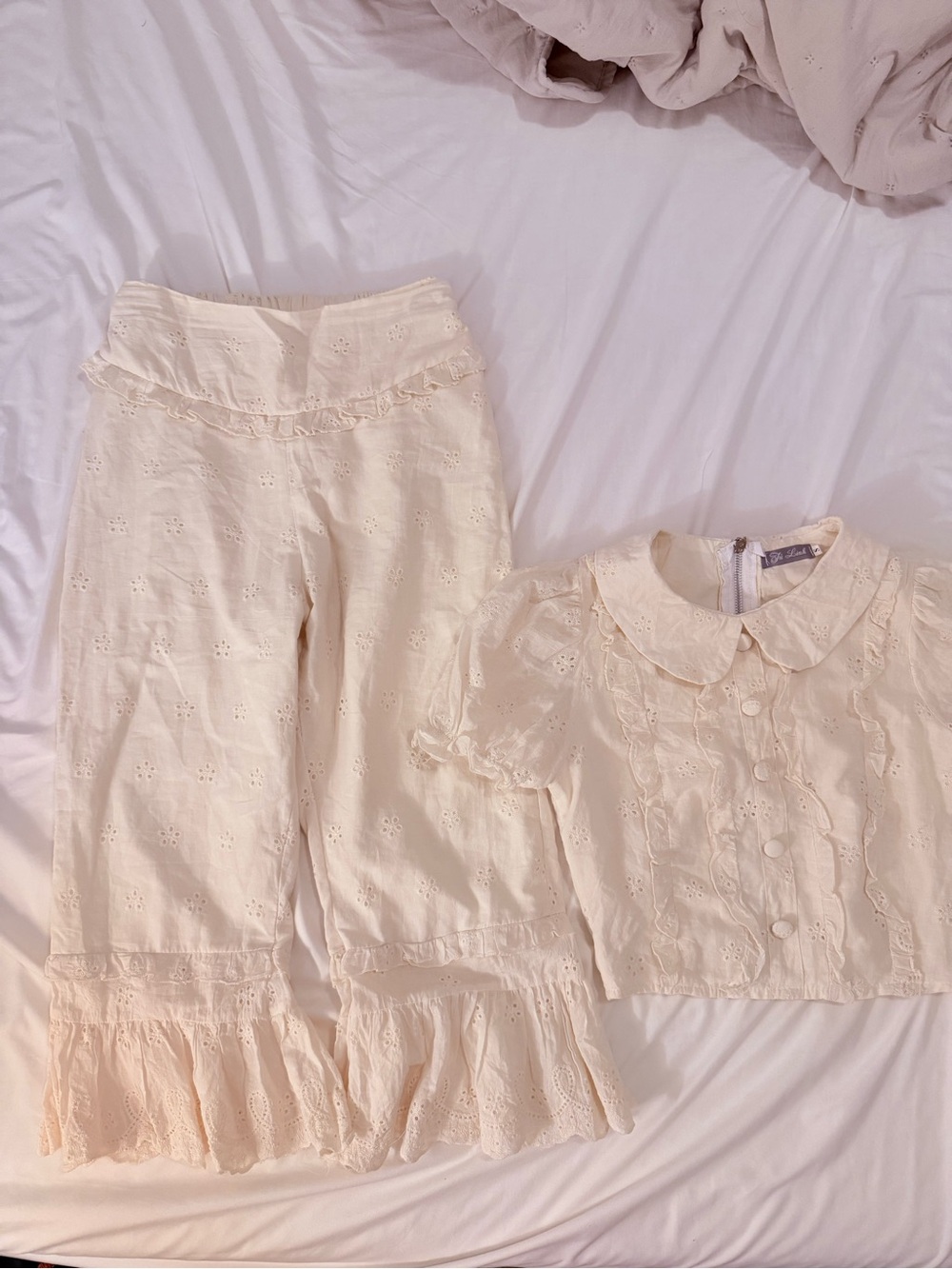 Women's Cream Eyelet Ruffle Pants & Top Set